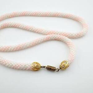 Vintage Pink White Beaded Rope Necklace Gold Tone Filigree Clasp Handmade